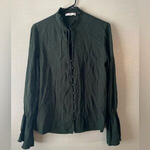 Mango Green Blouse with Mandarin Collar and Tie Front
